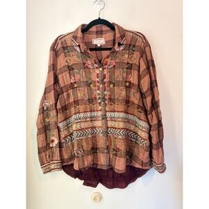 Johnny Was Workshop‎ Embroidered Plaid Peasant Shirt S Boho Cottagecore